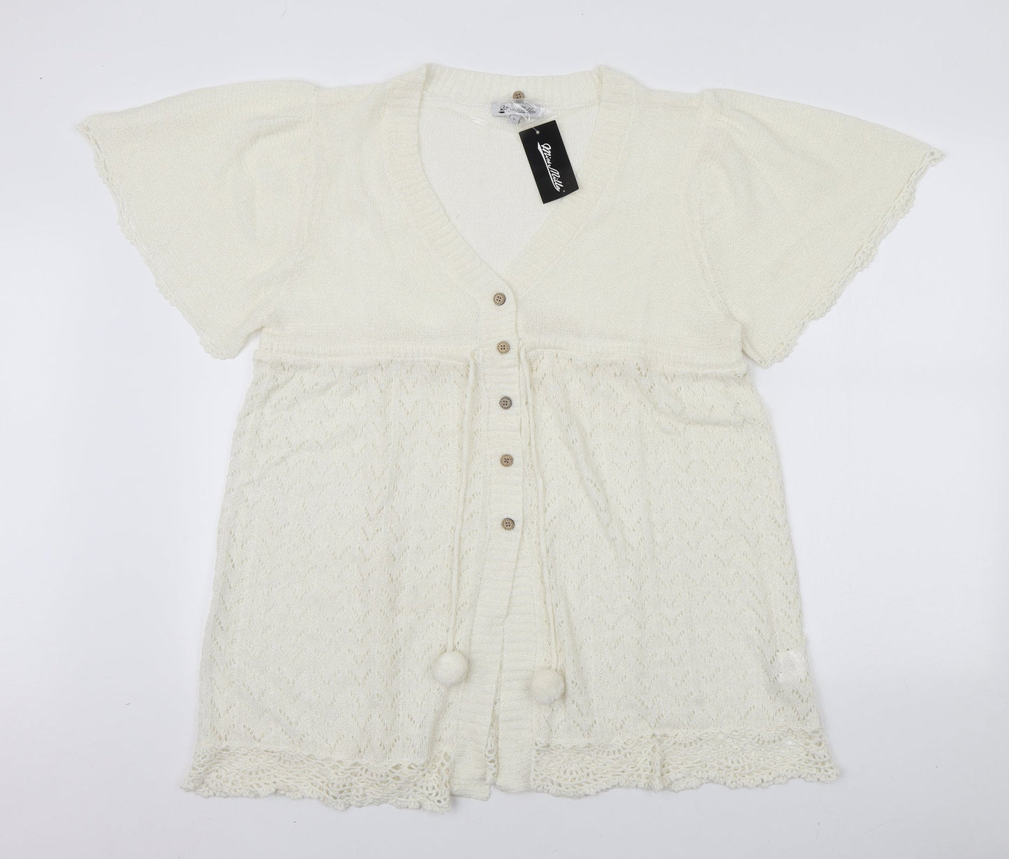 Miss Milla Womens White Acrylic Basic Button-Up Size L V-Neck