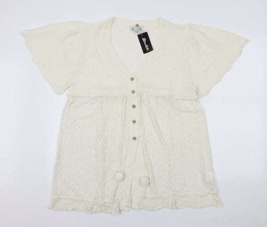 Miss Milla Womens White Acrylic Basic Button-Up Size L V-Neck