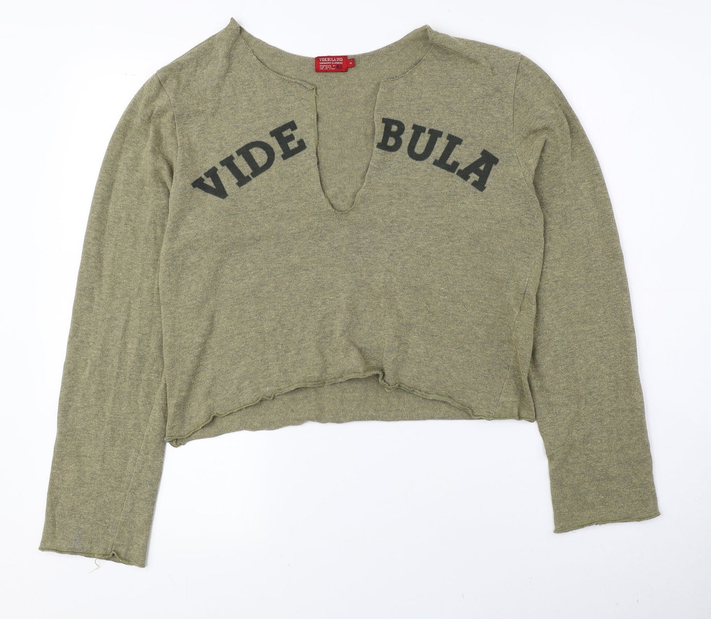 Vide Bula Womens Green V-Neck Cotton Pullover Jumper Size M - Cropped