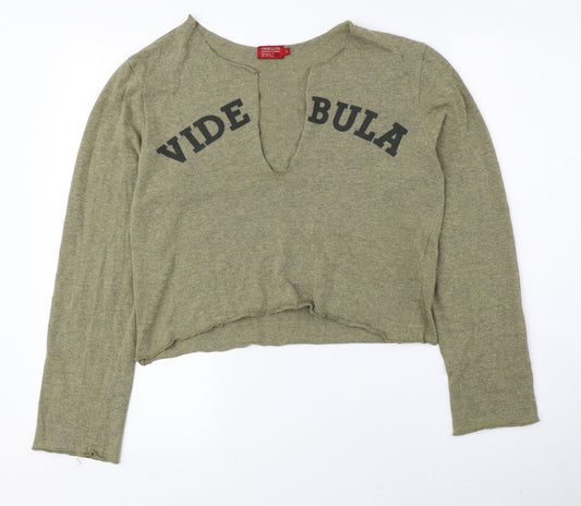 Vide Bula Womens Green V-Neck Cotton Pullover Jumper Size M - Cropped