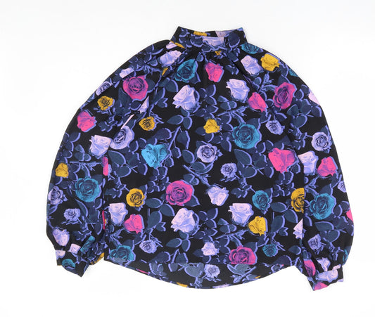 Monkl Womens Black Floral Polyester Basic Blouse Size XS Mock Neck