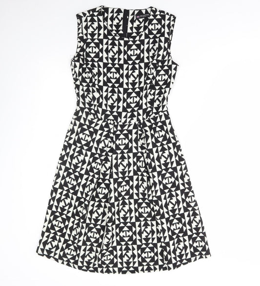 Collection Womens Black Geometric Polyester Skater Dress Size 8 Round Neck Zip