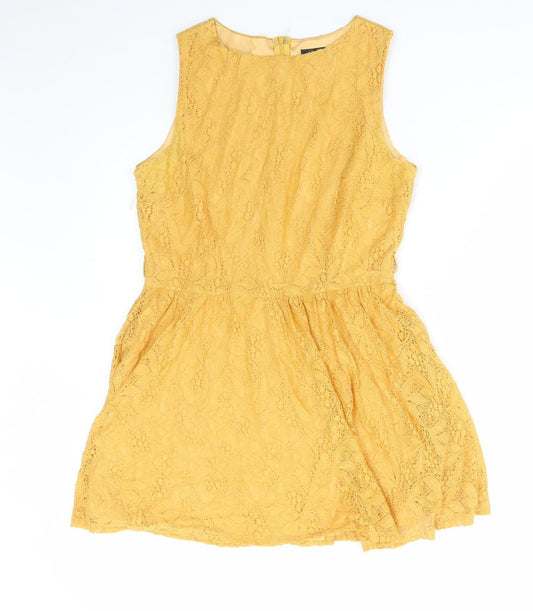 Affair Womens Yellow Polyamide Skater Dress Size 12 Round Neck Zip