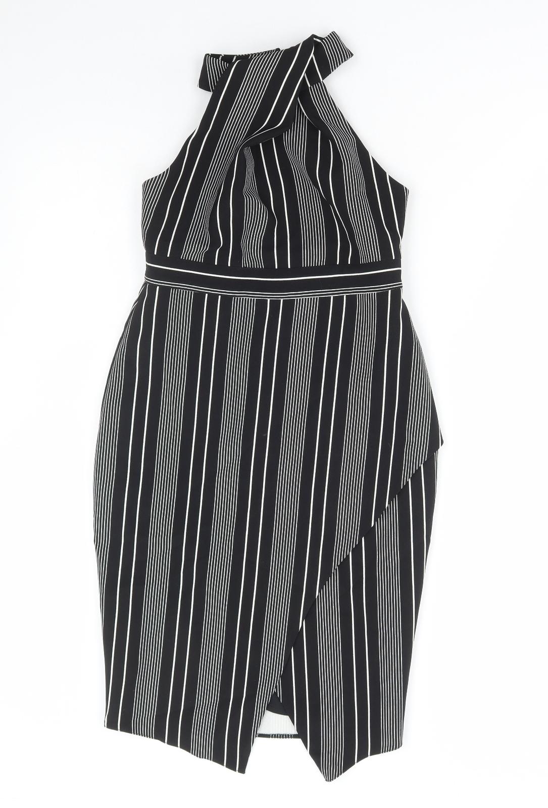 River Island Womens Black Striped Polyester Bodycon Size 6 High Neck Zip