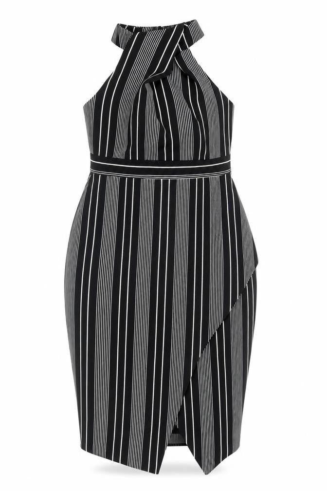 River Island Womens Black Striped Polyester Bodycon Size 6 High Neck Zip