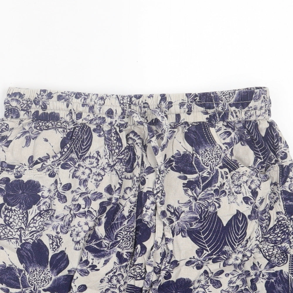 George Womens Blue Floral Linen A-Line Skirt Size 10 Drawstring