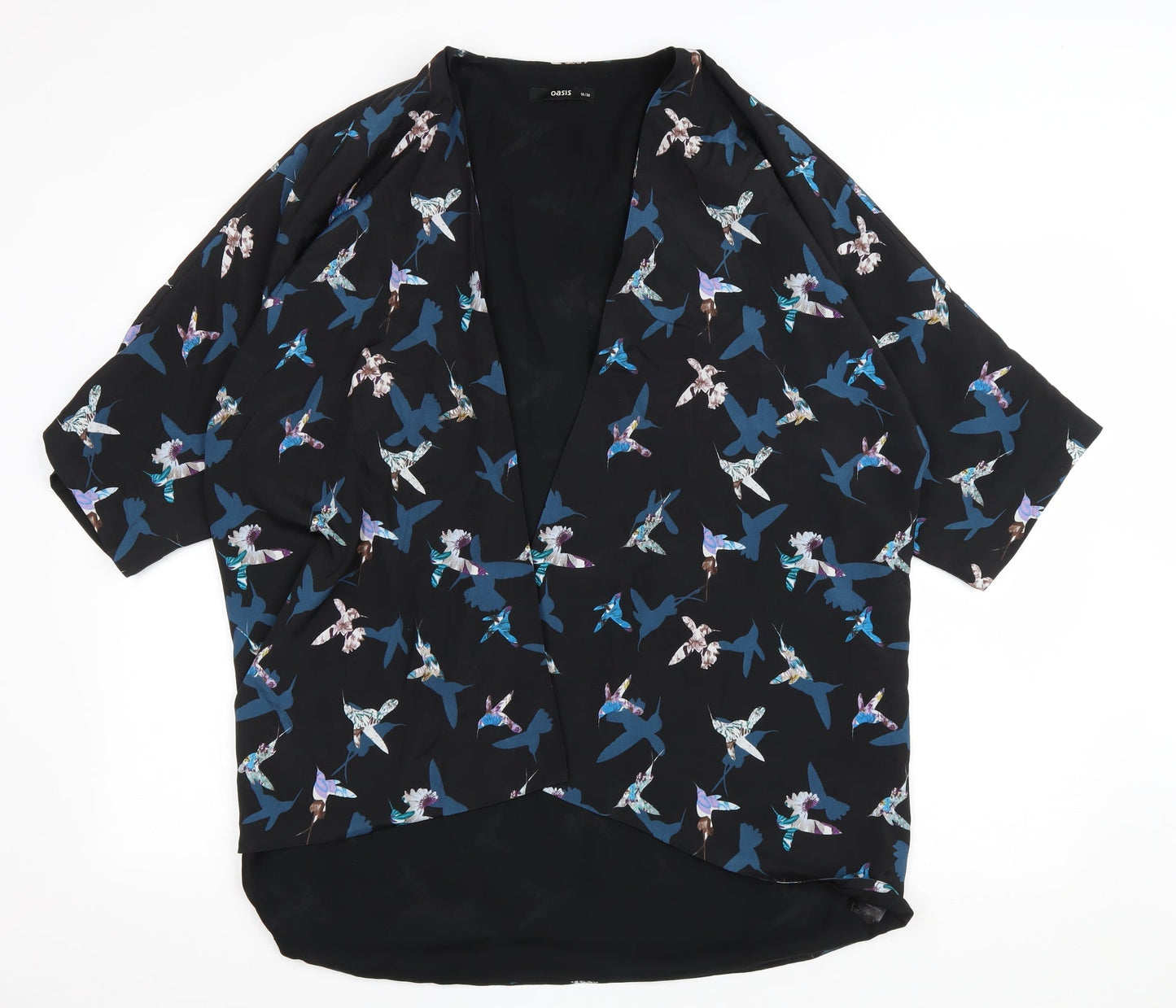 Oasis Womens Black V-Neck Geometric Polyester Cardigan Jumper Size 10 - Hummingbirds Pattern