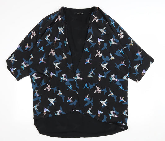 Oasis Womens Black V-Neck Geometric Polyester Cardigan Jumper Size 10 - Hummingbirds Pattern