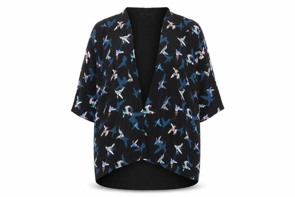 Oasis Womens Black V-Neck Geometric Polyester Cardigan Jumper Size 10 - Hummingbirds Pattern