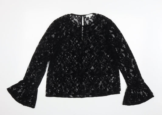 Warehouse Womens Black Floral Polyamide Jersey Blouse Size 14 Round Neck