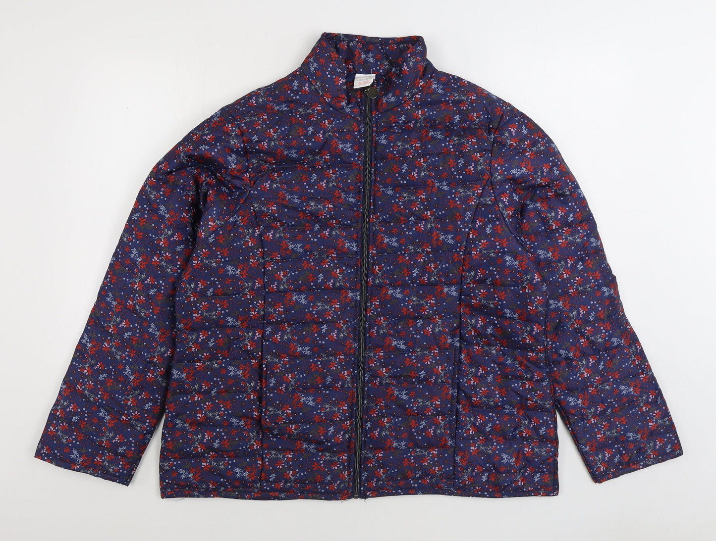 Anne De Lancay Womens Blue Floral Quilted Coat Size L Zip