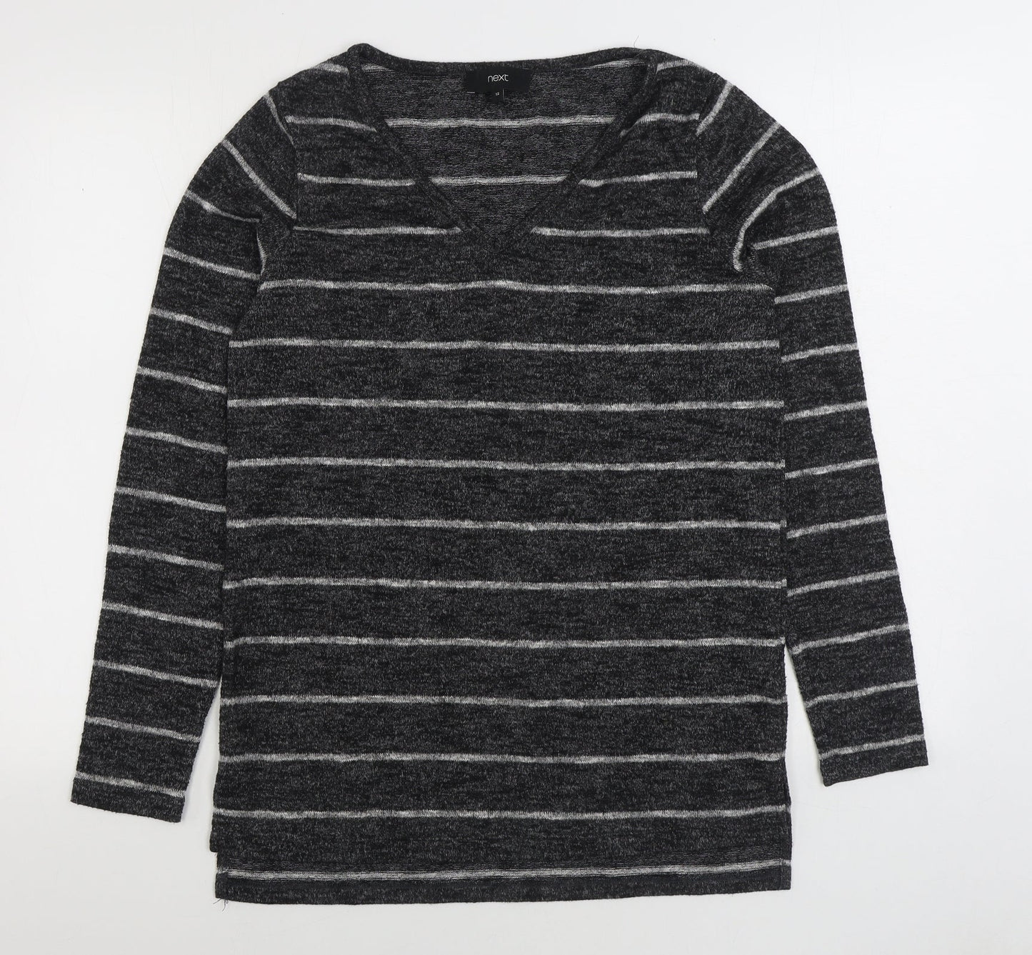 NEXT Womens Grey V-Neck Striped Polyester Pullover Jumper Size 12