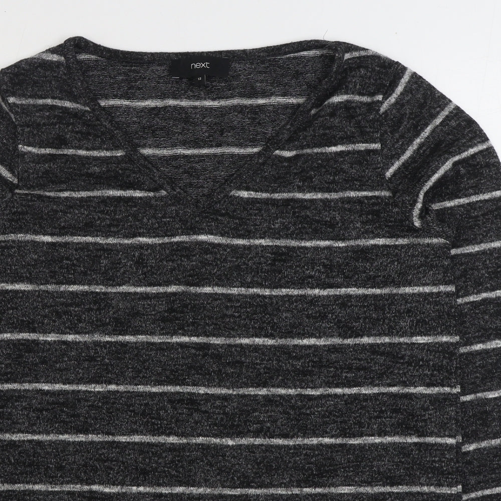 NEXT Womens Grey V-Neck Striped Polyester Pullover Jumper Size 12