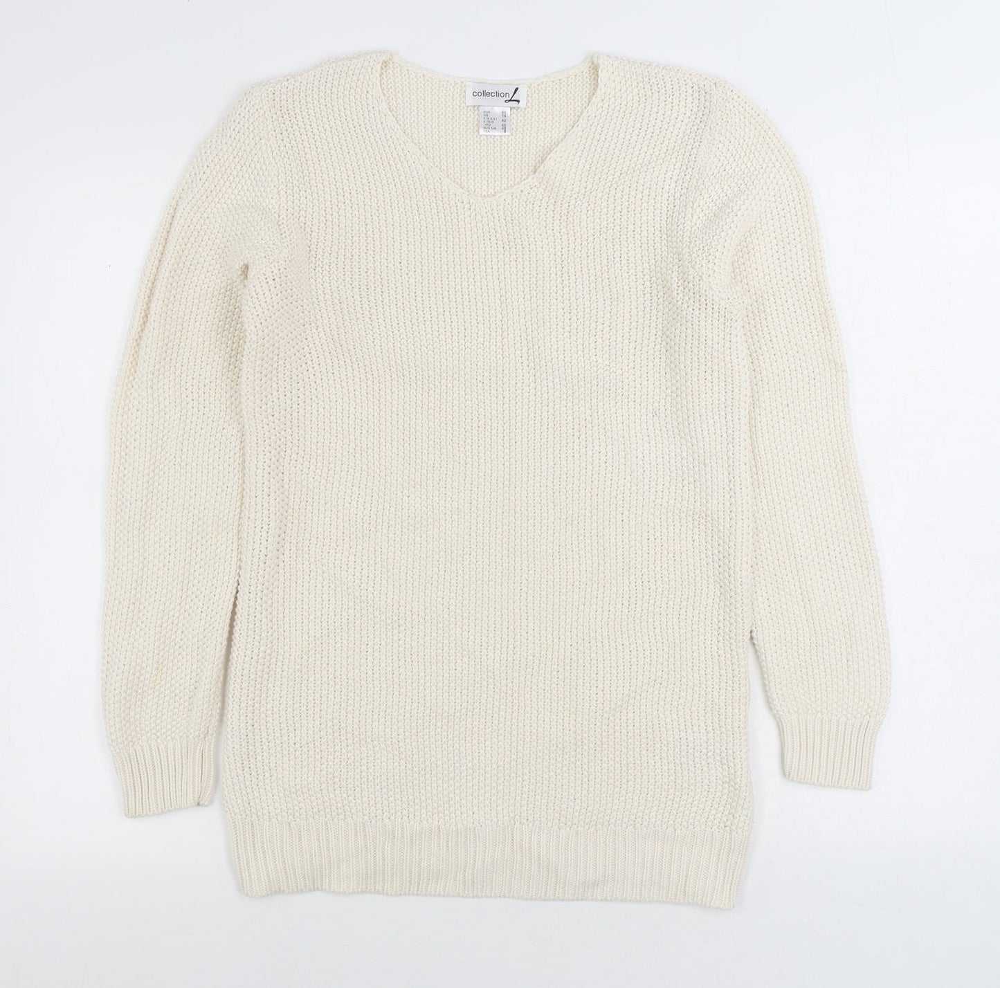 Collection Womens White V-Neck Cotton Pullover Jumper Size 14