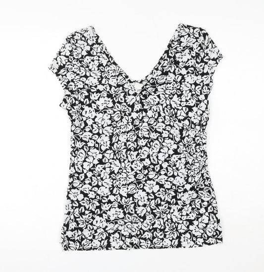 White House Womens Black Floral Polyester Basic T-Shirt Size M V-Neck