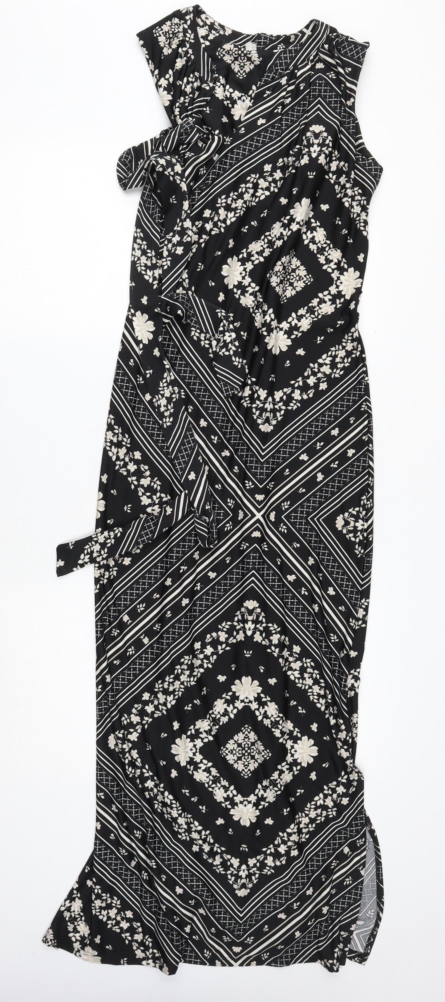 Preworn Womens Black Geometric Polyester Maxi Size 12 High Neck Pullover
