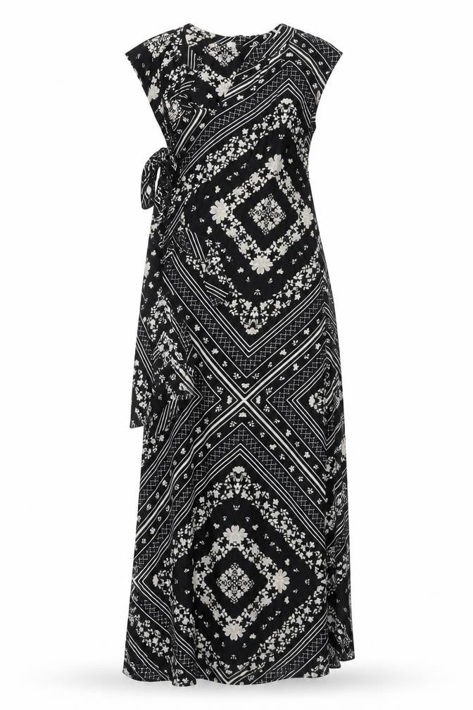 Preworn Womens Black Geometric Polyester Maxi Size 12 High Neck Pullover