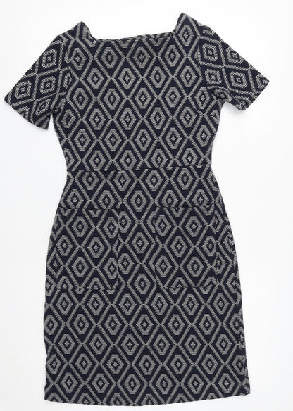 Next Womens Blue Geometric Polyester Sheath Size 6 Round Neck Pullover