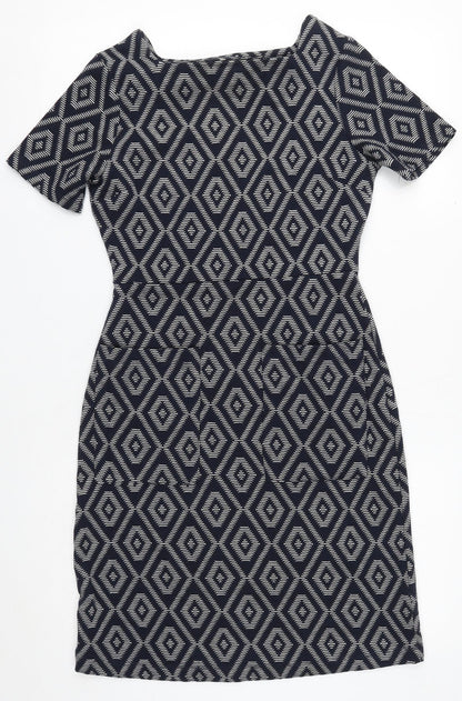 Next Womens Blue Geometric Polyester Sheath Size 6 Round Neck Pullover