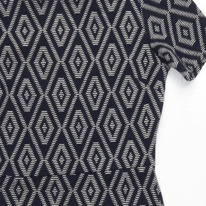 Next Womens Blue Geometric Polyester Sheath Size 6 Round Neck Pullover
