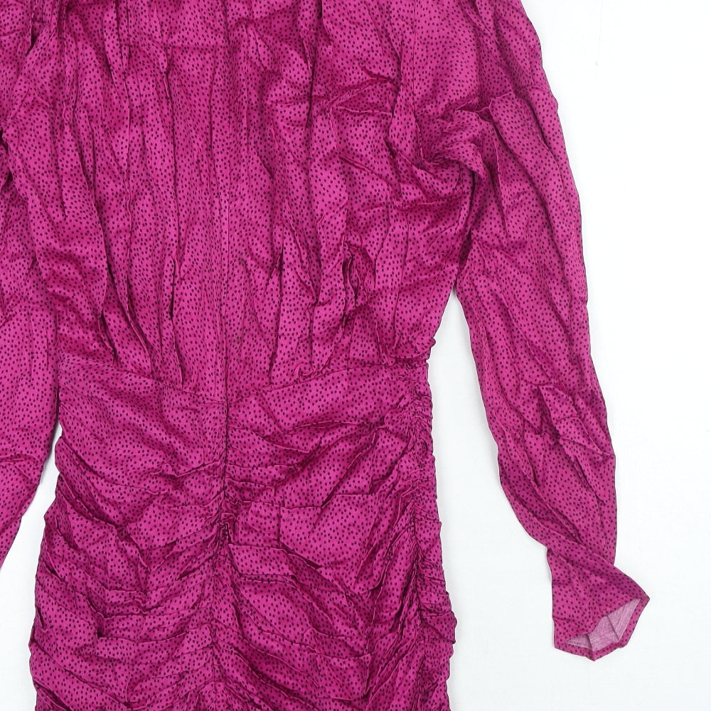 Zara Womens Pink Polka Dot Viscose Bodycon Size S V-Neck Zip