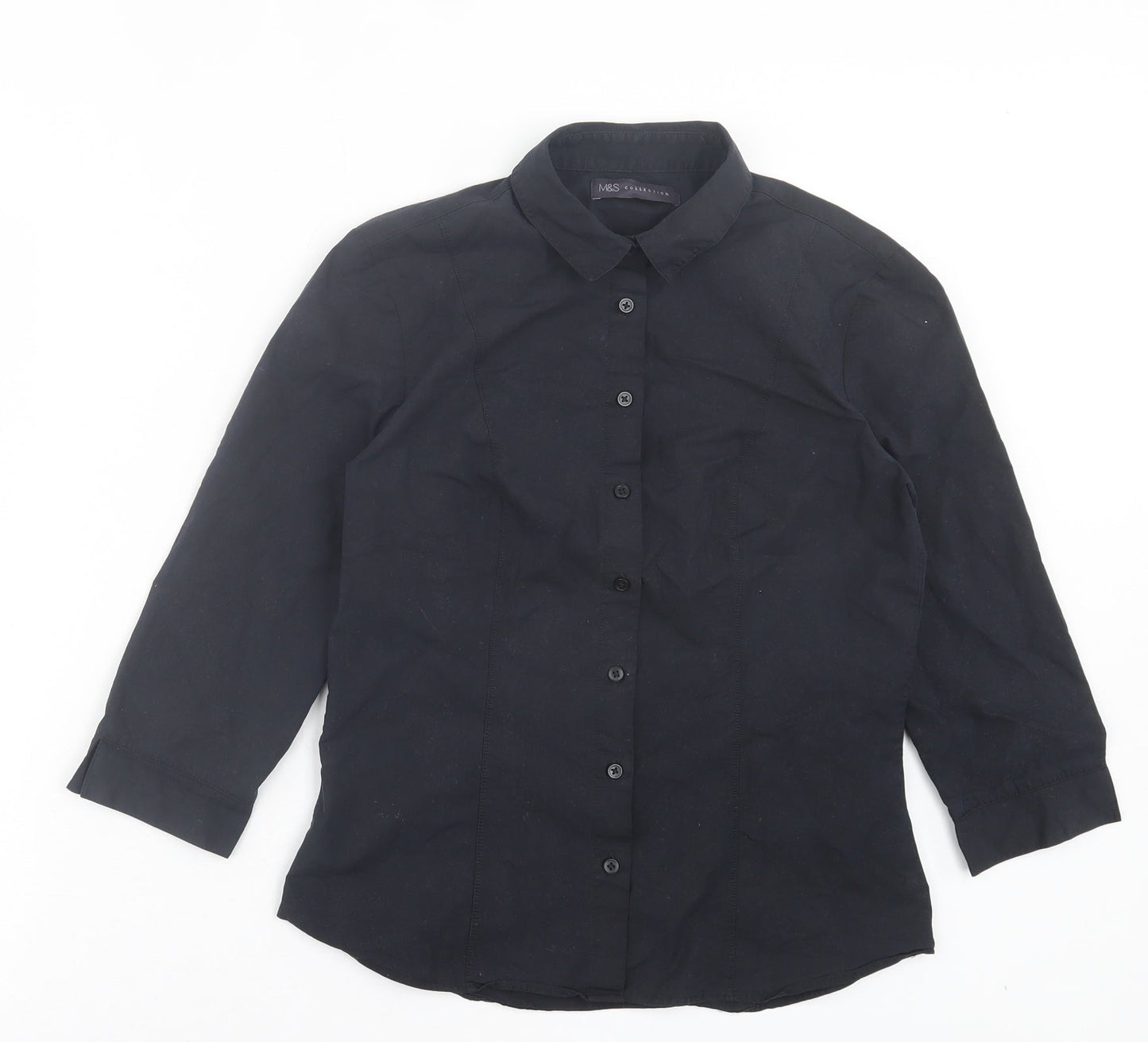 Marks and Spencer Womens Black Cotton Basic Button-Up Size 8 Collared
