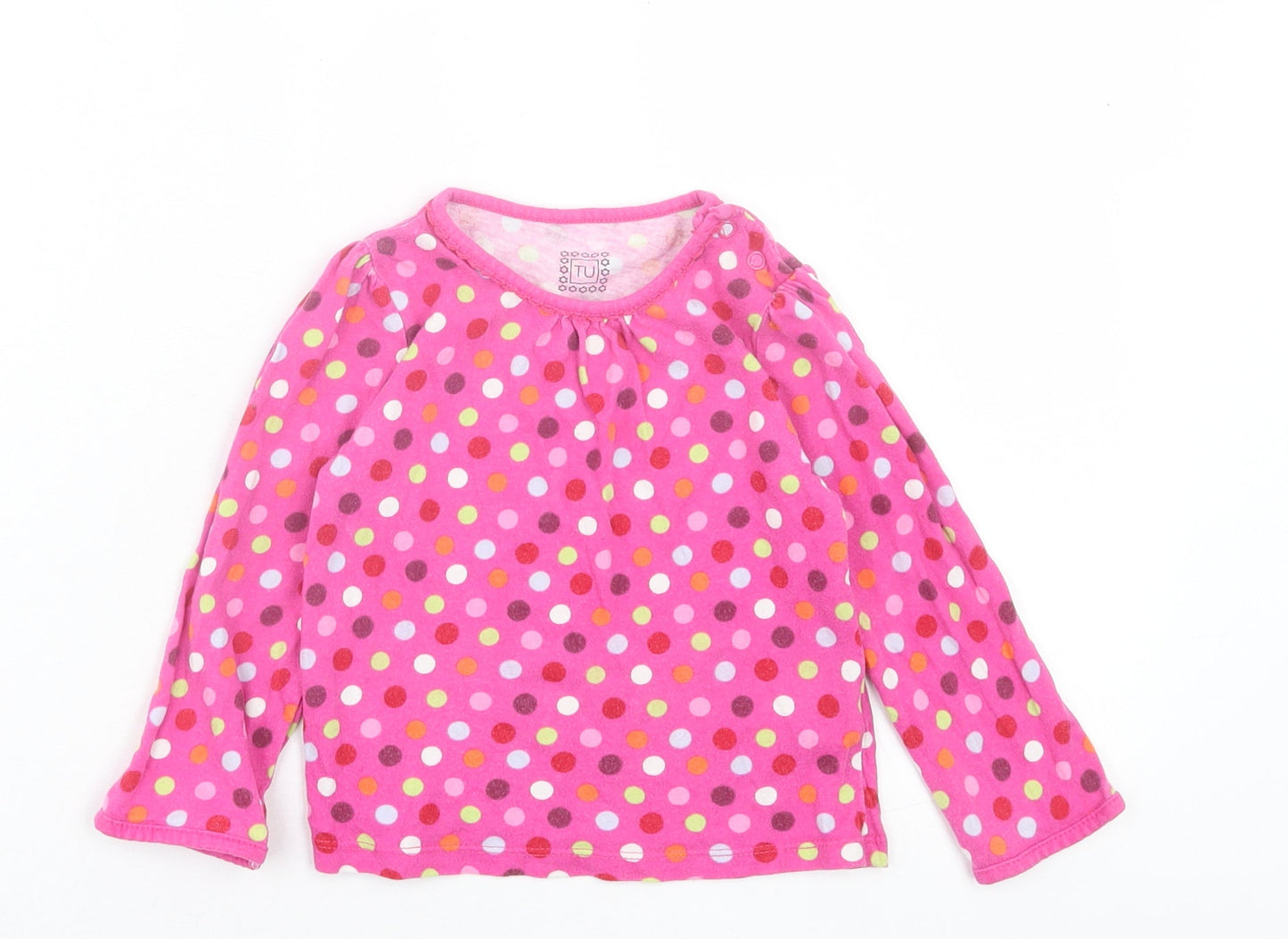 TU Girls Pink Polka Dot Cotton Basic Casual Size 2 Years Crew Neck Button