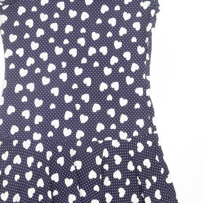 Womens Blue Geometric Polyester A-Line Size 12 Crew Neck Pullover - Hearts