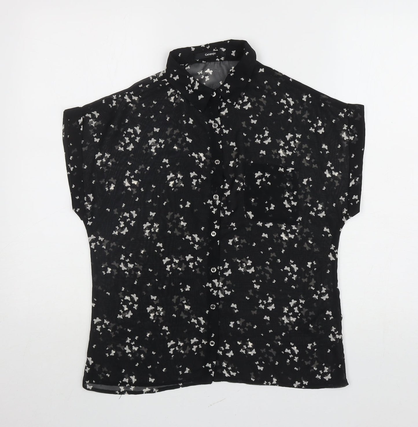 George Womens Black Geometric Polyester Basic Button-Up Size 8 Collared - Butterflies