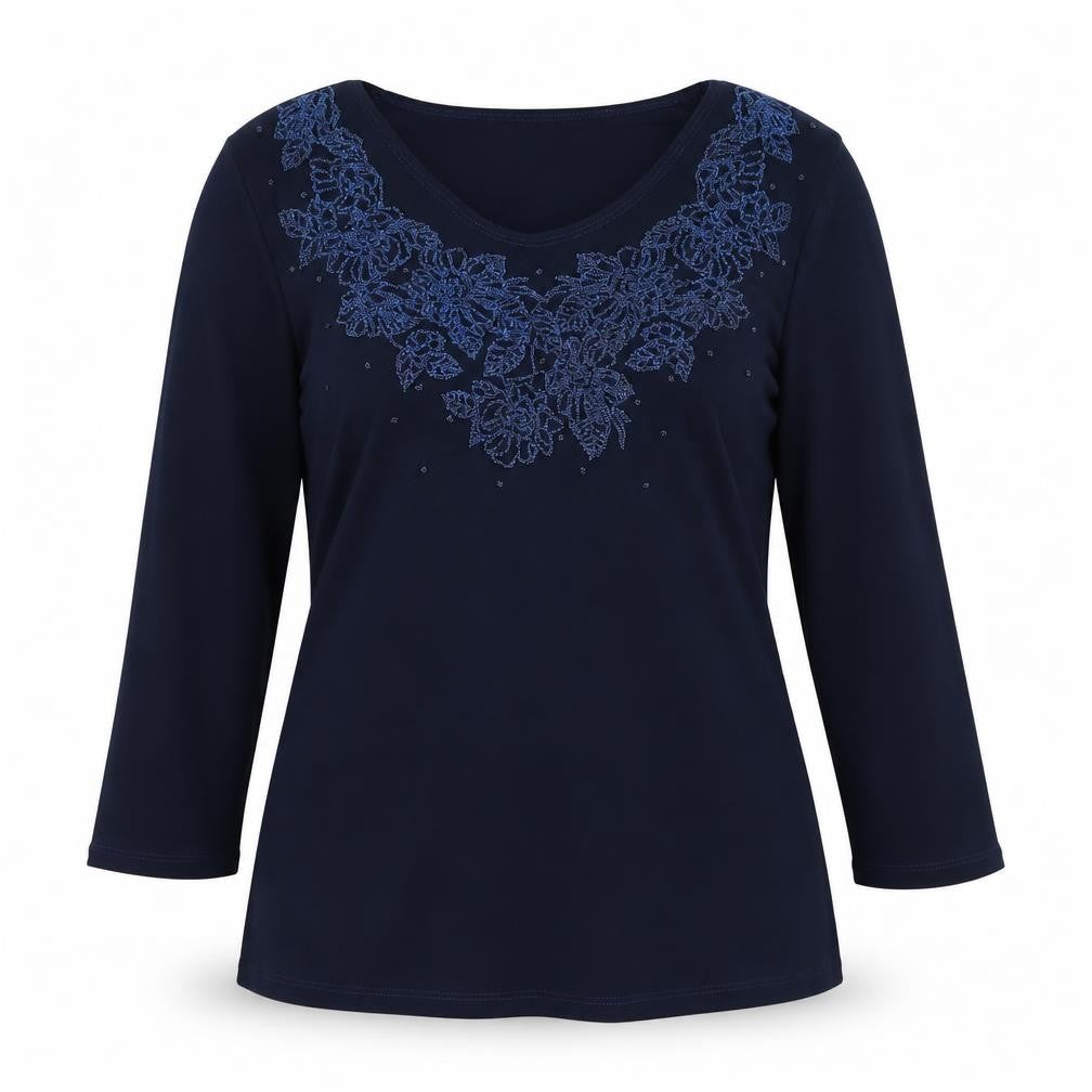 First Avenue Womens Blue Floral Polyester Basic T-Shirt Size 12 Round Neck