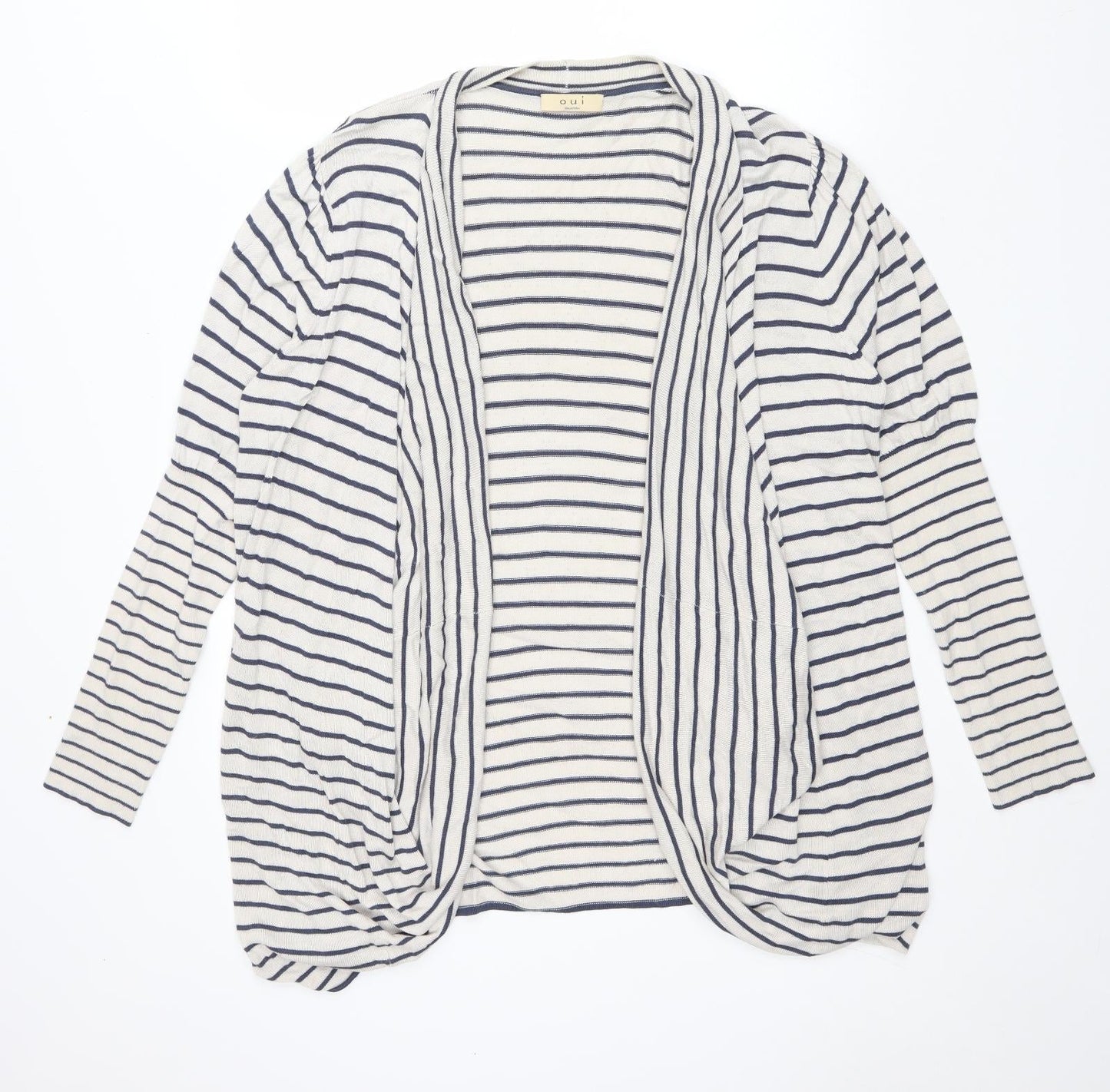 Oui Womens Blue V-Neck Striped Viscose Cardigan Jumper Size 18