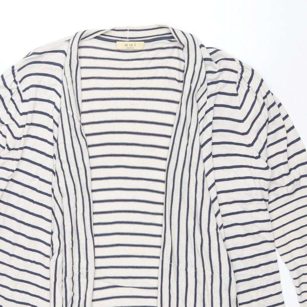 Oui Womens Blue V-Neck Striped Viscose Cardigan Jumper Size 18