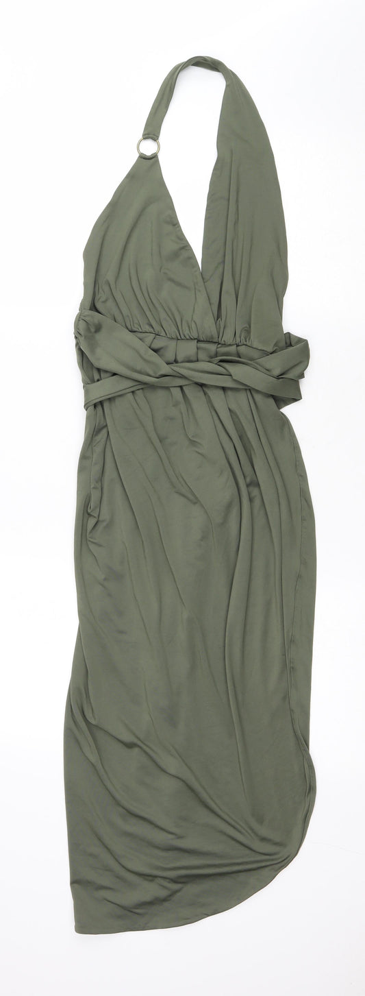 Polly Womens Green Polyester Wrap Dress Size 8 Halter Pullover - Elastic Waist