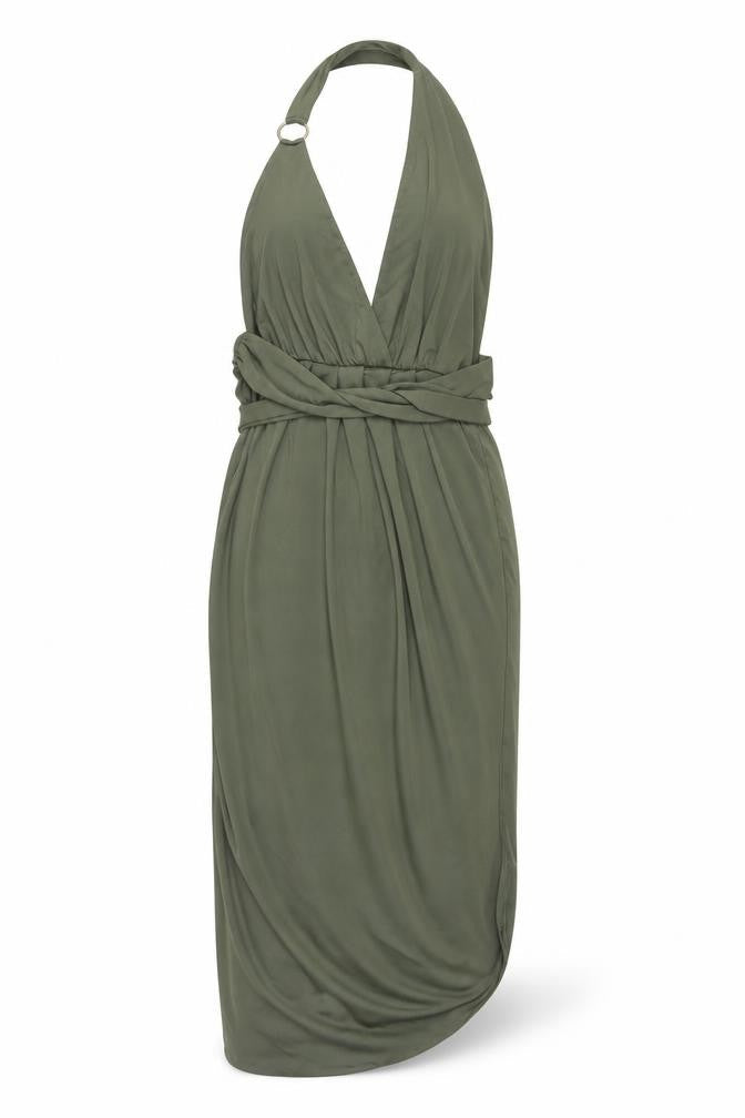 Polly Womens Green Polyester Wrap Dress Size 8 Halter Pullover - Elastic Waist