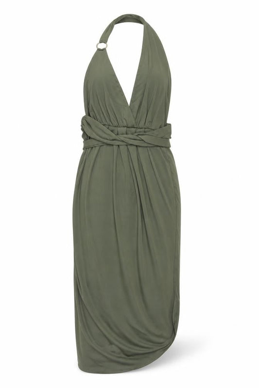 Polly Womens Green Polyester Wrap Dress Size 8 Halter Pullover - Elastic Waist