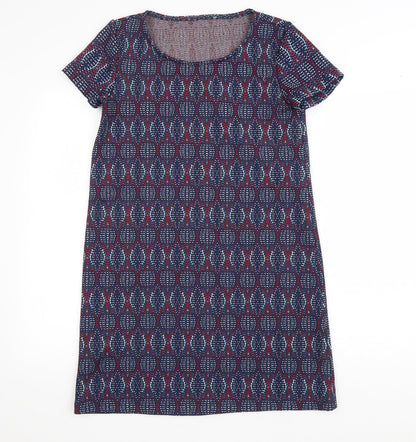 Womens Blue Geometric Polyester A-Line Size XS Scoop Neck Pullover