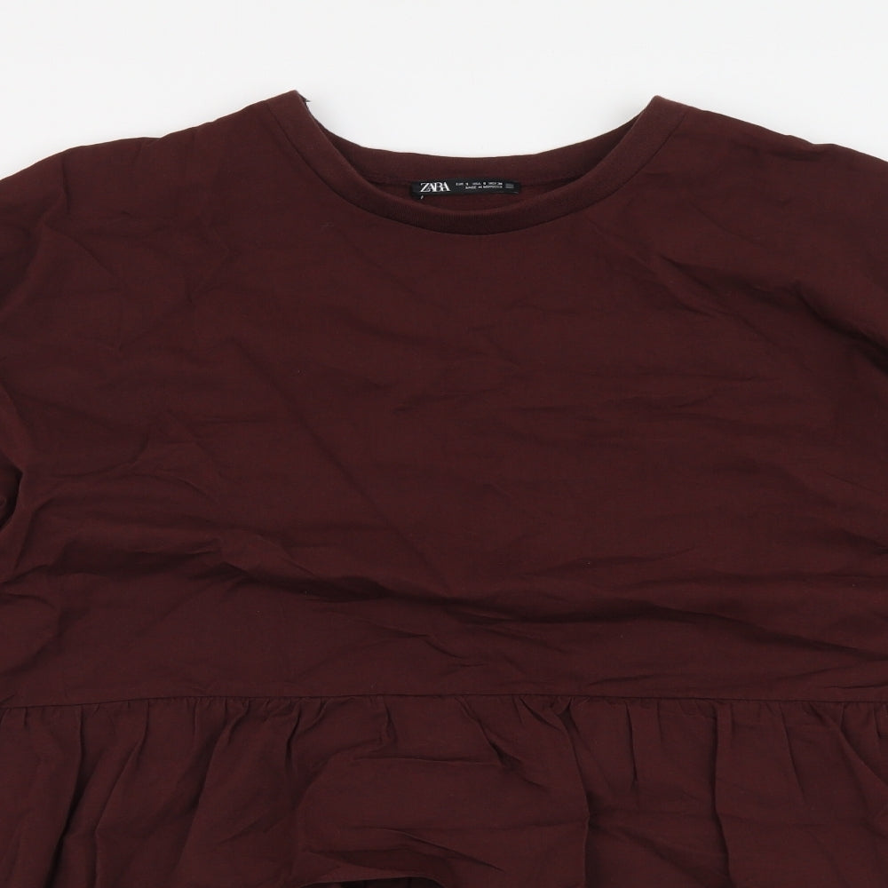 Zara Womens Red Cotton Tunic Blouse Size S Round Neck