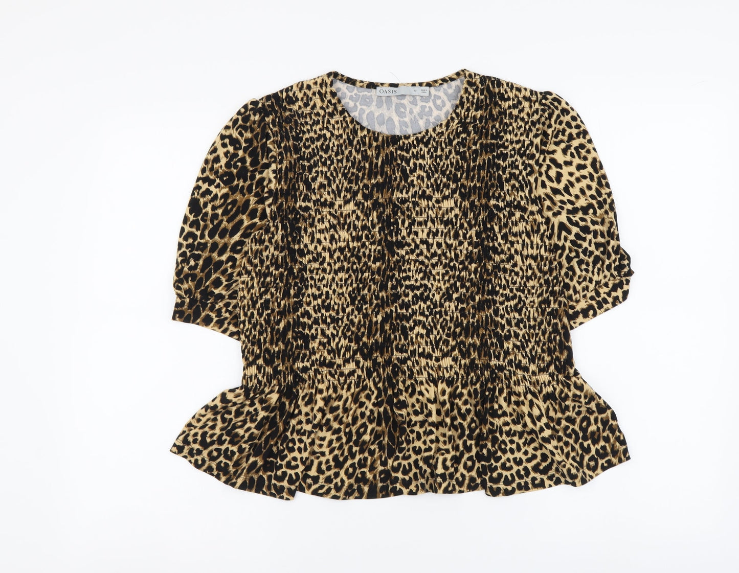 Oasis Womens Brown Animal Print Polyester Basic Blouse Size M Round Neck