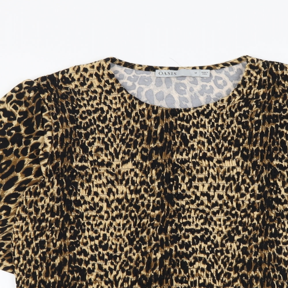 Oasis Womens Brown Animal Print Polyester Basic Blouse Size M Round Neck
