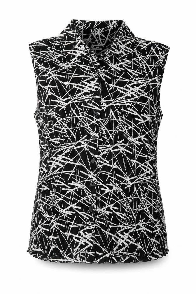Bonmarché Womens Black Geometric Polyester Basic Button-Up Size 14 Collared