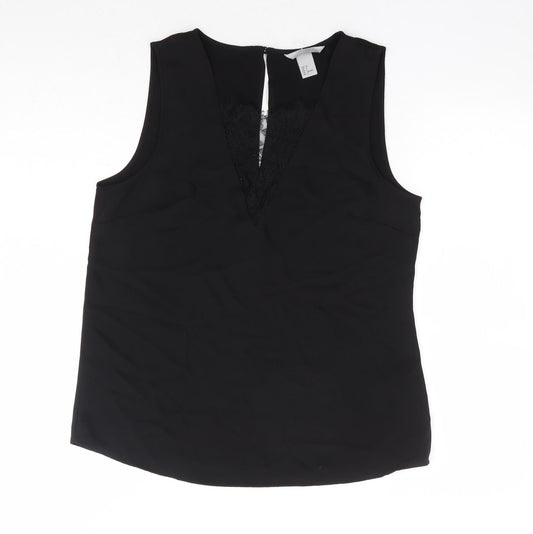 H&M Womens Black Polyester Basic Blouse Size 10 Round Neck - Lace Insert