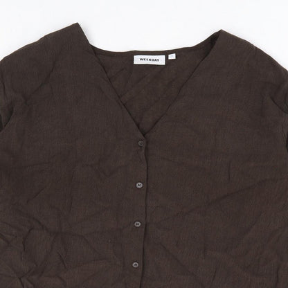 Weekday Womens Brown Viscose Basic Button-Up Size S V-Neck
