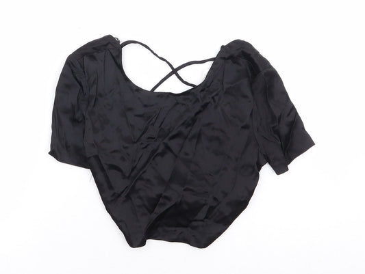 Zara Womens Black Polyester Cropped T-Shirt Size M Round Neck - Tie Back