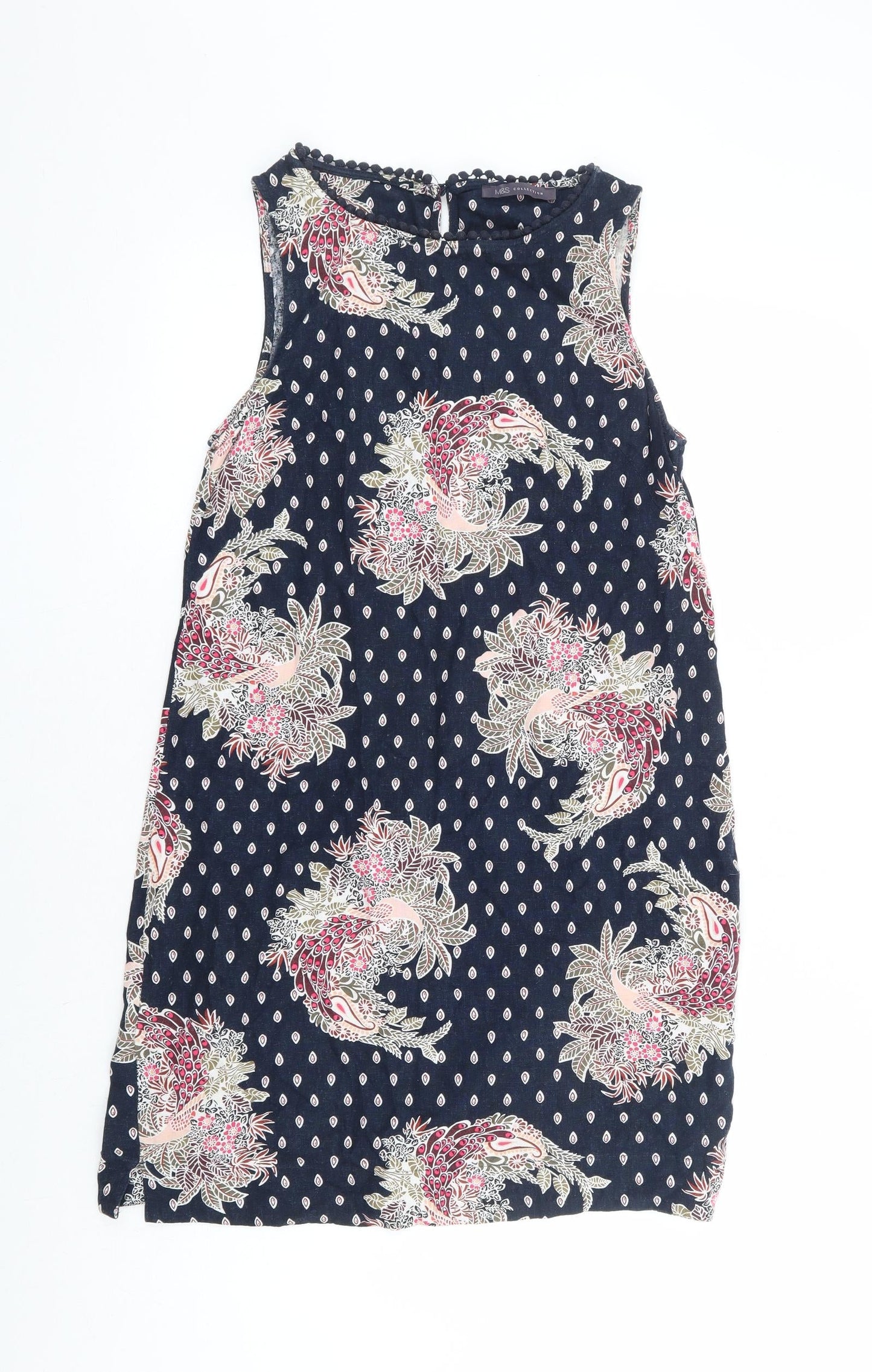 Marks and Spencer Womens Blue Floral Linen A-Line Size 8 Round Neck Button