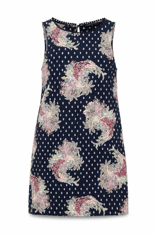 Marks and Spencer Womens Blue Floral Linen A-Line Size 8 Round Neck Button