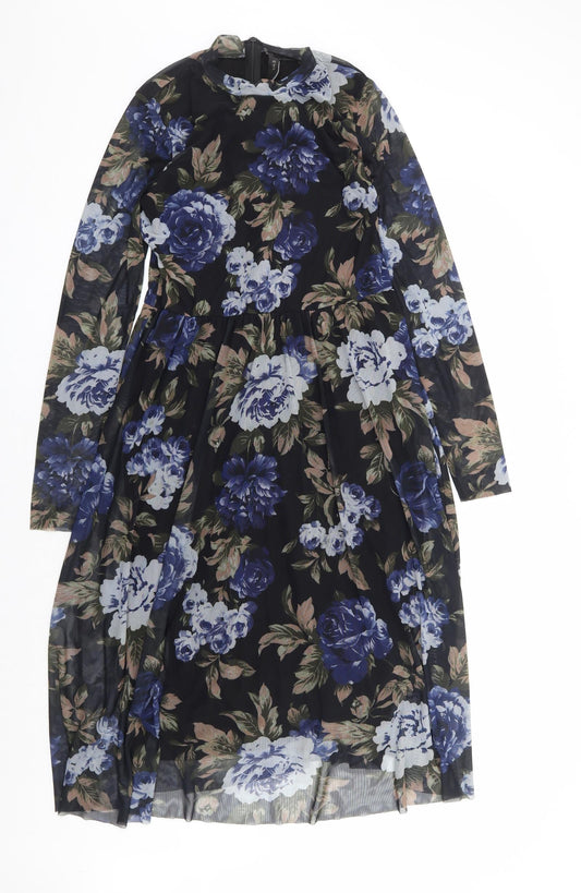 Y.A.S Womens Black Floral Polyamide Fit & Flare Size M Mock Neck Zip