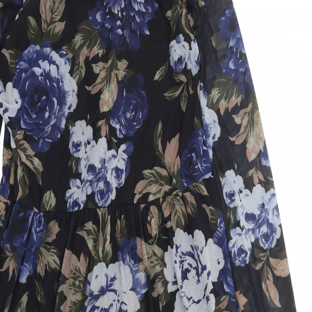 Y.A.S Womens Black Floral Polyamide Fit & Flare Size M Mock Neck Zip