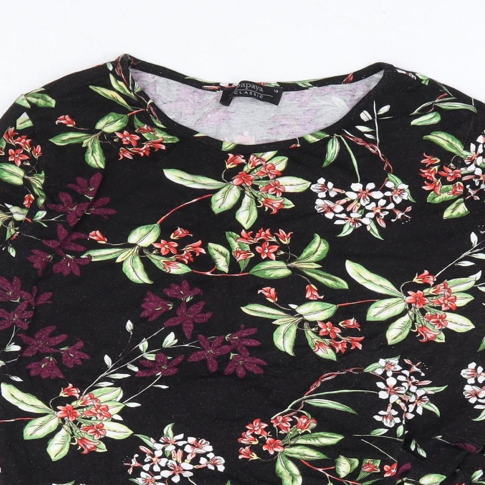 Papaya Womens Black Floral Viscose Basic Blouse Size 10 Round Neck - Side Tie Detail