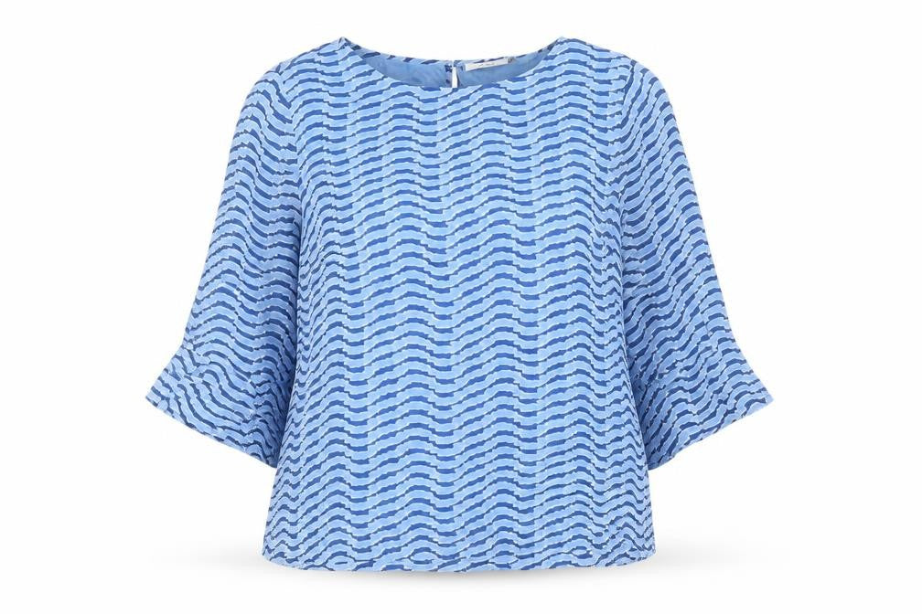 Adini Womens Blue Geometric Viscose Basic Blouse Size L Round Neck
