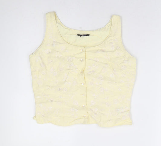 Monsoon Womens Yellow Floral Cotton Basic Blouse Size 10 Round Neck
